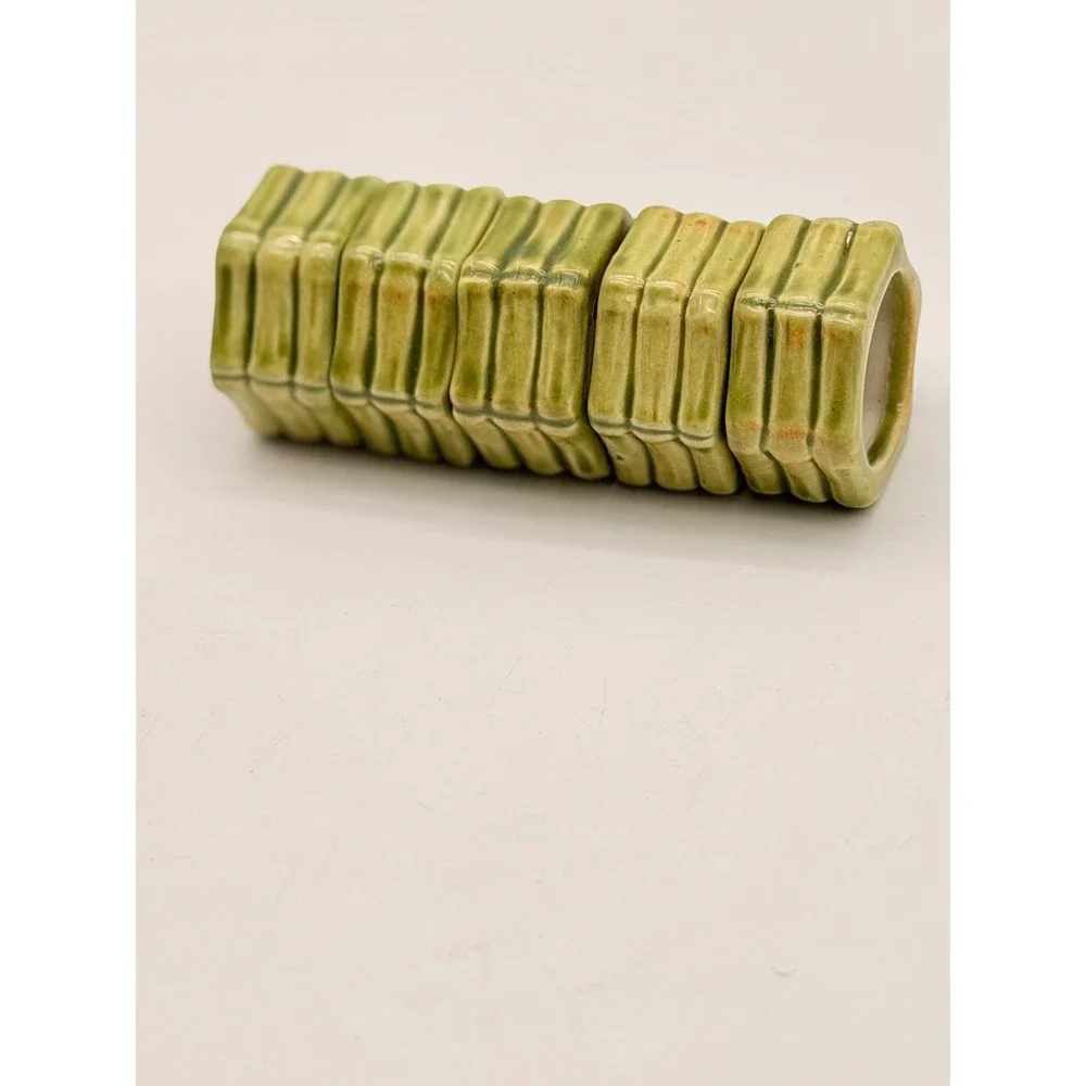 Vintage Green Faux Bamboo Ceramic Napkin Rings Set  5 Hexagon Chinoiserie Glazed